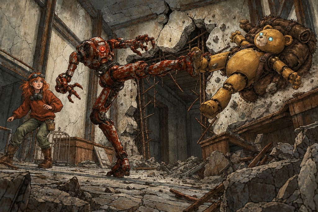 Ivy dans le paysage post-apocalyptique — page 38 panel 1: Le Droïde des pillards lance un violent coup de pied direct. Ted est frappé de plein fouet malgré sa résistance.