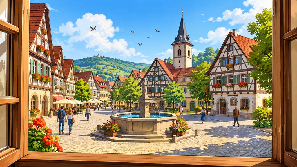 EISBANDE No. 6 – Die Alte Welt — page 2 panel 2: Breites Panorama im warmen Cartoon-Stil: Aus einem großen linken Fenster des Bürgermeisterbüros fällt der leicht erhöhte, natürliche Blick auf den vertrauten sonnigen Dorfplatz. Im Mittelpunkt steht der steinerne Brunnen, dahinter und seitlich liegen historische Fachwerkhäuser mit roten Ziegeldächern, Blumen und einigen Passanten. Vögel ziehen über den Platz, während grüne Hügel unter einem freundlichen blauen Himmel den Hintergrund bilden. Nur schmale Teile des hölzernen Fensterrahmens und eventuell ein Stück Fensterbank sind im Vordergrund sichtbar; Hannes und die Büroeinrichtung befinden sich vollständig außerhalb des Bildausschnitts. Keine Texte und keine Sprechblasen.