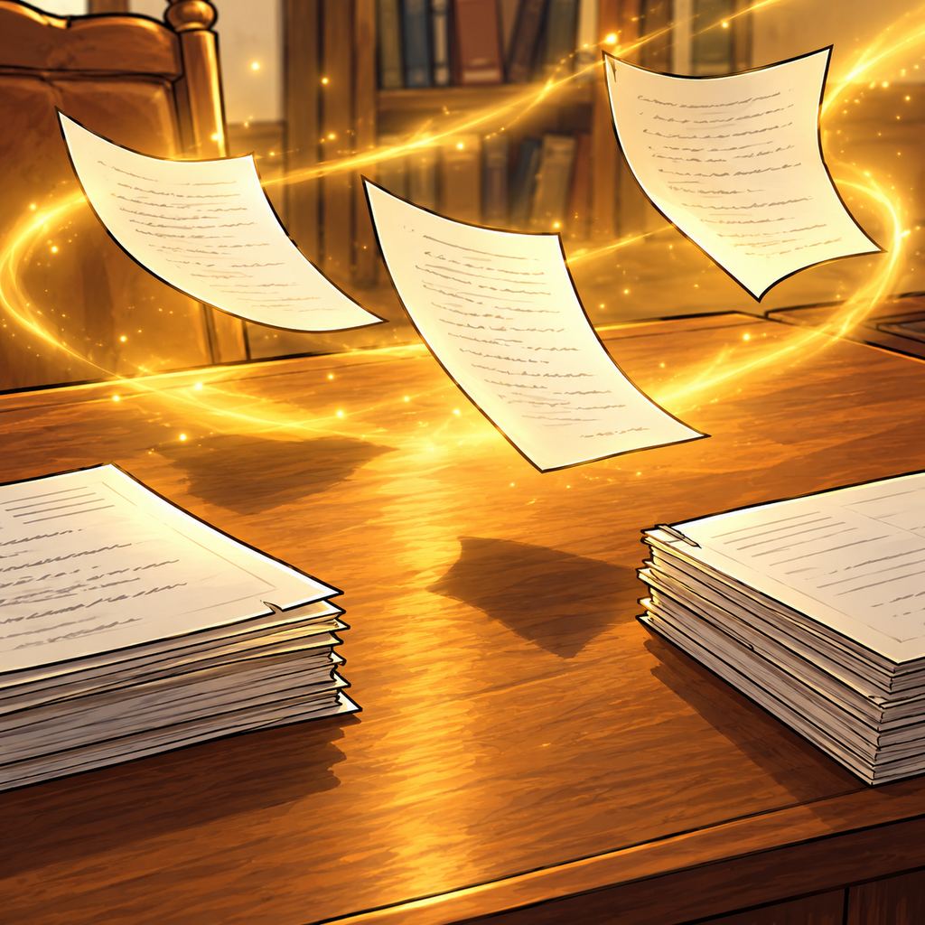 EISBANDE No. 6 – Die Alte Welt — page 4 panel 1: Hannes bemerkt, dass der goldene Becher auf dem Schreibtisch plötzlich stärker leuchtet. Das warme Licht breitet sich über den Raum aus und spiegelt sich auf Holz, Papieren und Wand. Hannes beugt sich vorsichtig innerhalb des vollständig sichtbaren Wappens nach vorn und blickt neugierig und leicht erschrocken zum Becher. Kein Körperteil überschreitet den Wappenrand.