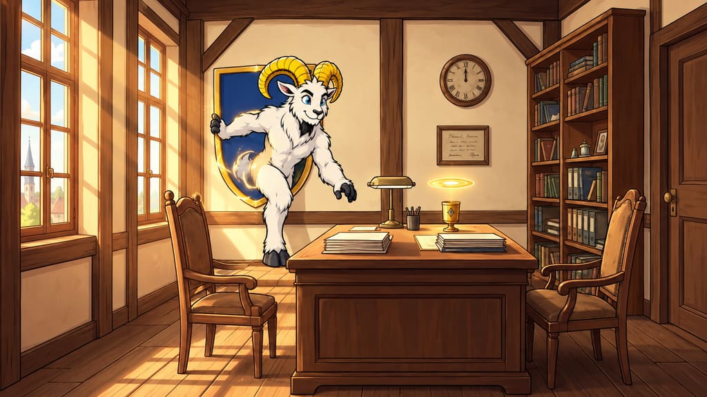 EISBANDE No. 6 – Die Alte Welt — page 6 panel 1: Hannes durchquert zum ersten Mal den goldenen Rand seines Wappens. Sein Oberkörper, seine Arme und ein Bein befinden sich bereits außerhalb des Wappens im Bürgermeisterbüro, während sein hinterer Körperteil und ein Huf noch im blauen Wappenfeld liegen. Der Rand bleibt geschlossen und unverändert, flimmert an der Durchtrittsstelle jedoch weich wie flüssiges goldenes Licht. Hannes blickt konzentriert nach vorn. Auf dem Schreibtisch steht gut sichtbar der kleine, leicht konische Goldene Becher mit dem rautenförmigen Zeichen; direkt darüber schwebt der flache, waagerechte Goldene Wirbelkreis mit warmgoldenen Lichtspuren und heller Mitte.
