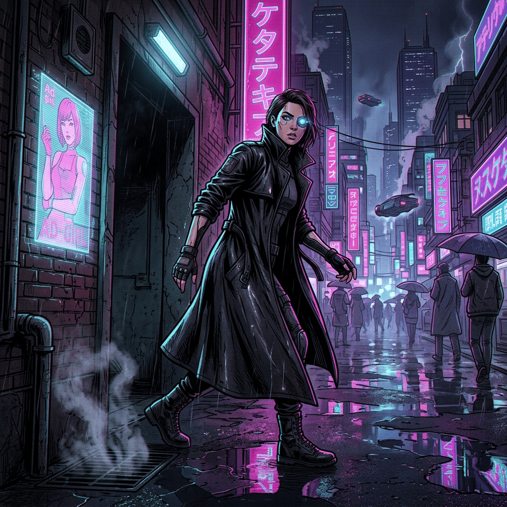 Neon Detective: página 1, viñeta 1: Detective Rin steps out of a narrow rain-slicked alley into a neon-soaked Neo-Tokyo street at night. Her cybernetic right eye glows electric blue, reflecting magenta katakana signage above. Steam rises from a grate; holographic ad-girls flicker on the wet brick wall behind her.