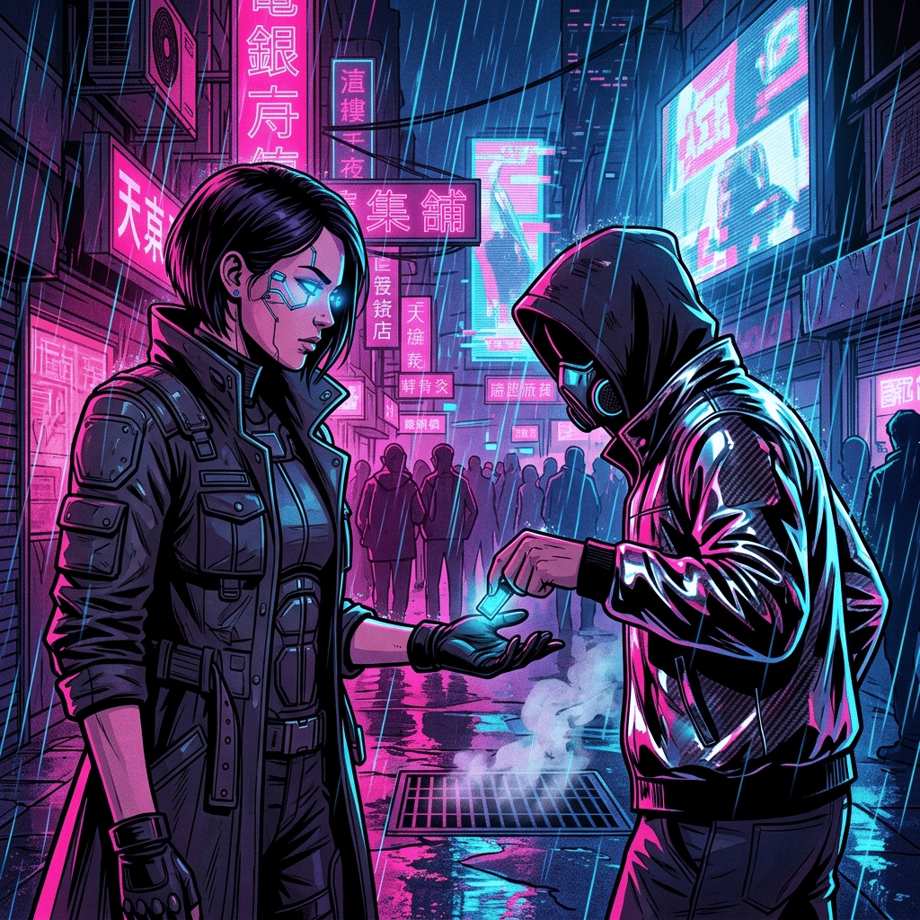 Neon Detective: página 1, viñeta 2: Closer shot of Detective Rin as a hooded informant in a chrome jacket slips a small glowing data chip into her gloved palm. Neon-blue rain streaks past; holographic billboards bleed magenta across both faces. The informant is already turning to vanish into a crowd lit by hard pink signage.