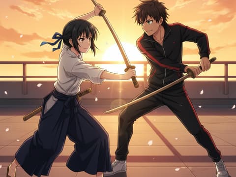 Rooftop Duel at Golden Hour — Anime AI comic by qcrao