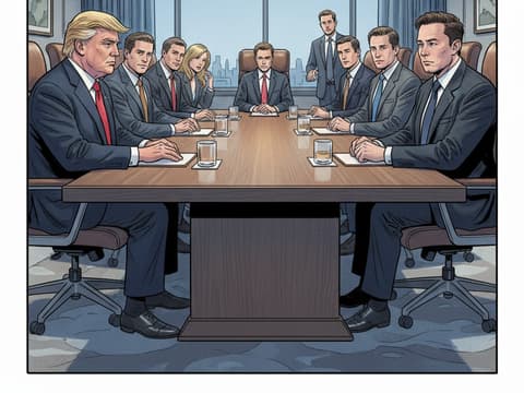 会议风波：trump 和 mask 的冲突 — Realistic AI comic by qcrao