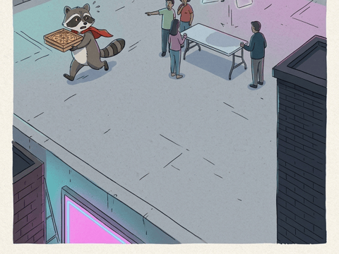 The Raccoon, the Pizza, and the Party Hat — Hand-Drawn AI comic by qcrao