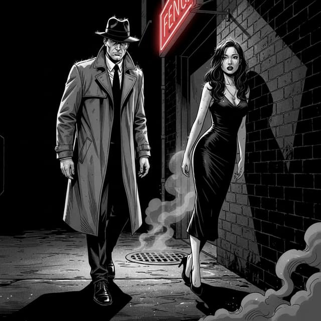 Noir (B&W)-style AI comic panel 1 — high-contrast black-and-white crime panel generated with Comicory's AI Noir Comic Generator