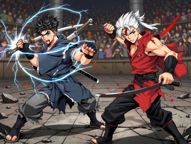 Shonen Jump-style AI comic panel 1 — color shonen battle-manga page generated with Comicory's AI Shonen Jump Comic Generator