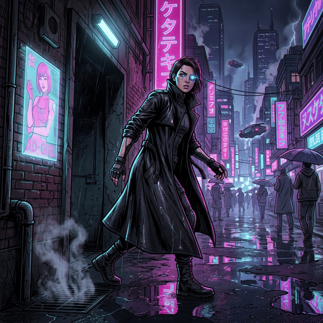 Cyberpunk-style AI comic panel 1 — neon-future cyberpunk panel with rain-slick streets generated with Comicory's AI Cyberpunk Comic Generator
