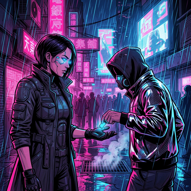 Cyberpunk-style AI comic panel 2 — neon-future cyberpunk panel with rain-slick streets generated with Comicory's AI Cyberpunk Comic Generator