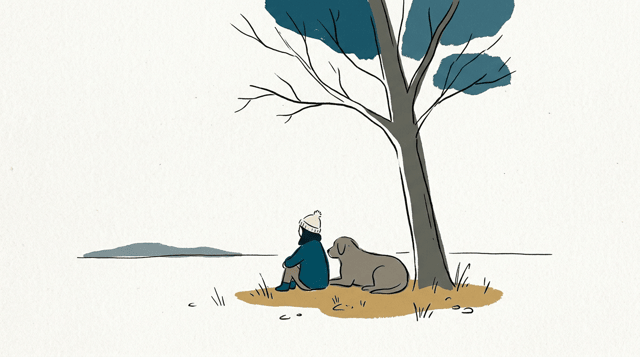 Hand-Drawn-style AI comic panel 2 — minimalist hand-drawn comic panel on textured paper with flat acrylic color generated with Comicory's AI Hand-Drawn Comic Generator