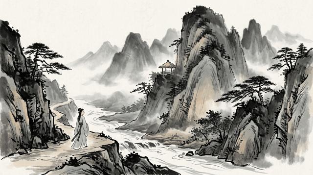 Ink Wash-style AI comic panel 1 — Chinese shanshui ink wash comic panel with calligraphic brushwork and misty mountains generated with Comicory's AI Ink Wash Comic Generator