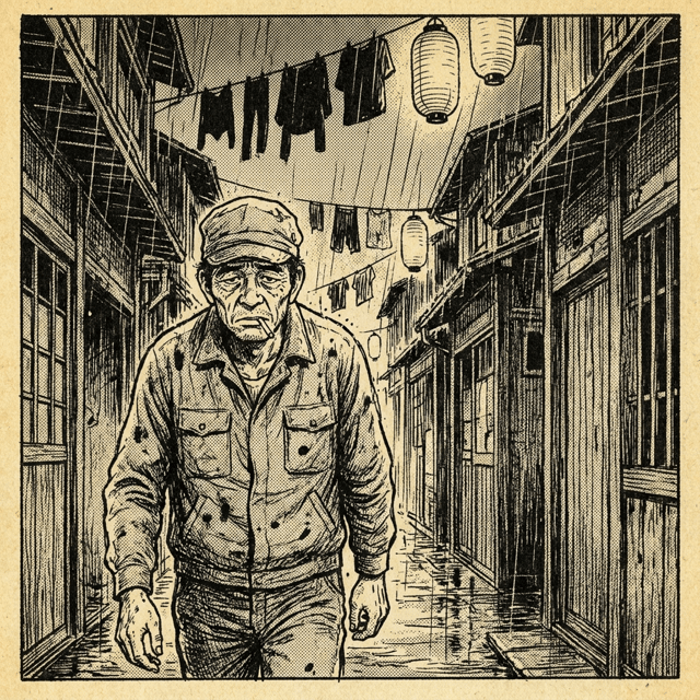 Gekiga (Retro)-style AI comic panel 1 — retro 1970s black-and-white gekiga manga page: a weary factory worker in a cap and stained work jacket walks home down a rainy Showa-era alley under hanging laundry and paper lanterns, generated with Comicory's AI Gekiga Comic Generator