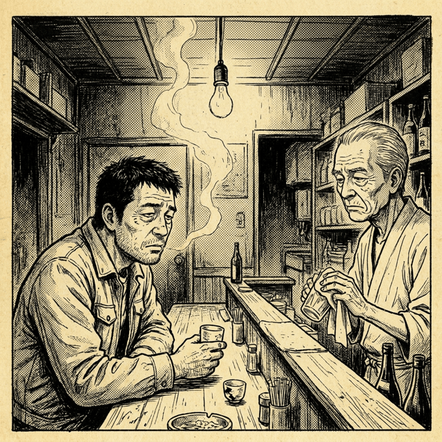 Gekiga (Retro)-style AI comic panel 2 — retro 1970s black-and-white gekiga manga page: the worker slumps over a cup of sake at a cramped izakaya counter under a bare bulb while the old proprietor dries a glass, generated with Comicory's AI Gekiga Comic Generator