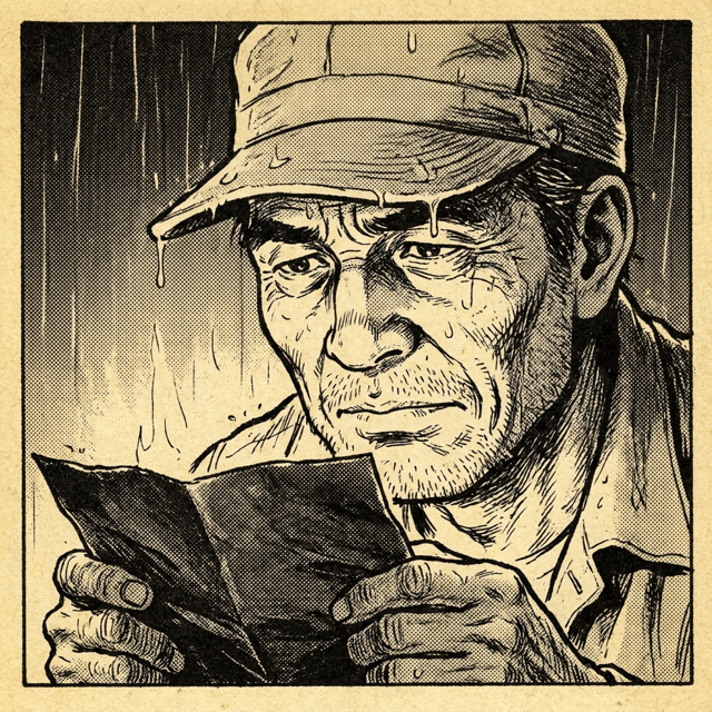 Gekiga (Retro)-style AI comic panel 3 — retro 1970s black-and-white gekiga manga page: close-up of the worker's lined face under a dripping cap as he reads a crumpled letter in the rain, generated with Comicory's AI Gekiga Comic Generator