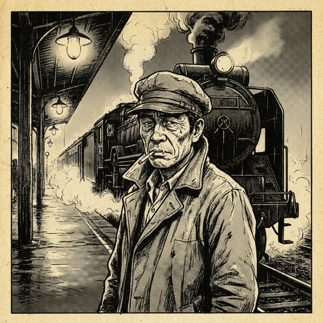 Gekiga (Retro)-style AI comic panel 4 — retro 1970s black-and-white gekiga manga page: the worker stands on a station platform at dawn with a cigarette, a steam locomotive billowing smoke behind him, generated with Comicory's AI Gekiga Comic Generator