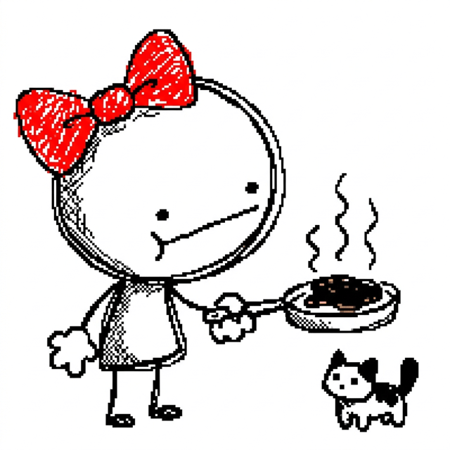 Scribble-style AI comic panel 1 — badly-drawn MS Paint style doodle comic panel with wobbly marker scribbles: a big-headed stick-figure girl with a red bow holds out a frying pan with a smoking burnt pancake while a tiny cat watches, generated with Comicory's AI Scribble Comic Generator