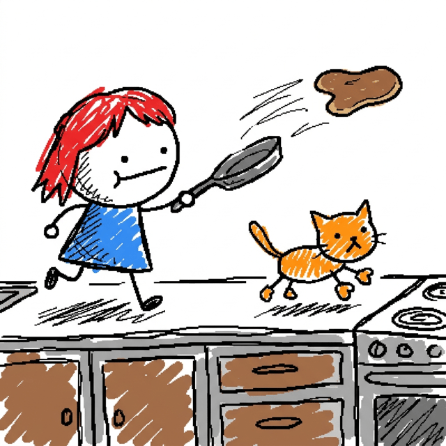 Scribble-style AI comic panel 2 — badly-drawn MS Paint style doodle comic panel with wobbly marker scribbles: the girl runs along the kitchen counter after an orange cat, swinging the pan as the pancake flies through the air, generated with Comicory's AI Scribble Comic Generator