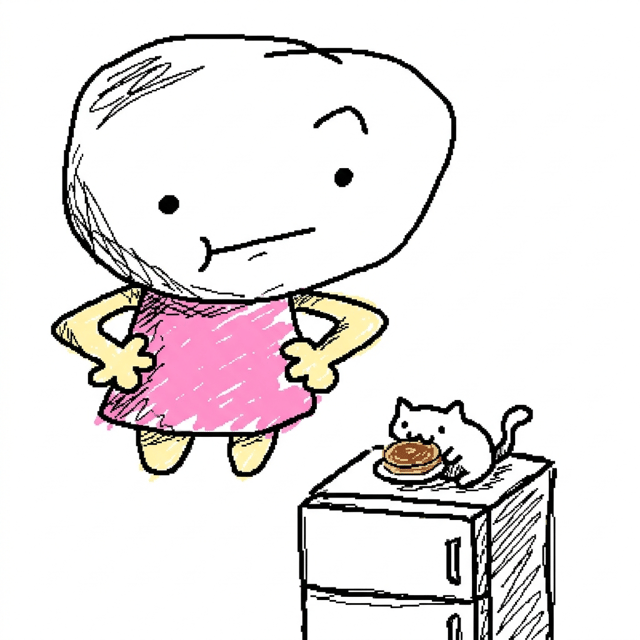 Scribble-style AI comic panel 3 — badly-drawn MS Paint style doodle comic panel with wobbly marker scribbles: the girl stands with mitten hands on her hips while a white cat eats the pancake on top of the fridge, generated with Comicory's AI Scribble Comic Generator