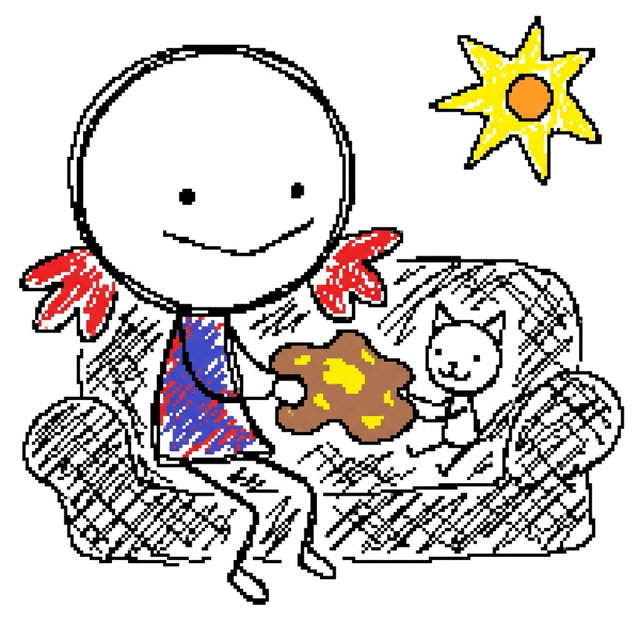 Scribble-style AI comic panel 4 — badly-drawn MS Paint style doodle comic panel with wobbly marker scribbles: the girl and a white cat share a second pancake on a scribbled couch under a crooked yellow sun, generated with Comicory's AI Scribble Comic Generator