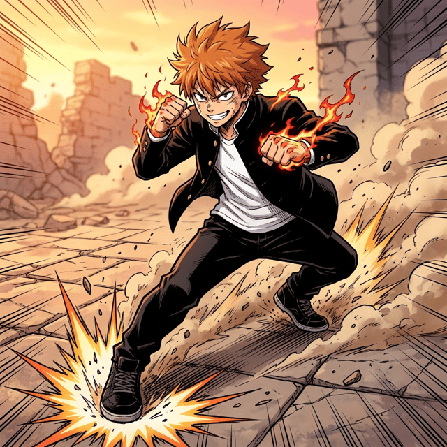 Shonen Jump-style AI comic panel 1 — color shonen battle-manga page: a ginger-haired teen in an open black high-collar school jacket skids back across a cracked stone courtyard, fists wreathed in red flame, generated with Comicory's AI Shonen Jump Comic Generator
