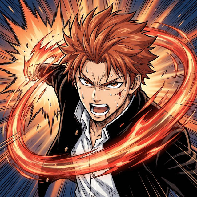 Shonen Jump-style AI comic panel 2 — color shonen battle-manga page: close-up of the ginger-haired teen's battle cry, sweat and a cut on his cheek, a ring of fire swirling around him, generated with Comicory's AI Shonen Jump Comic Generator