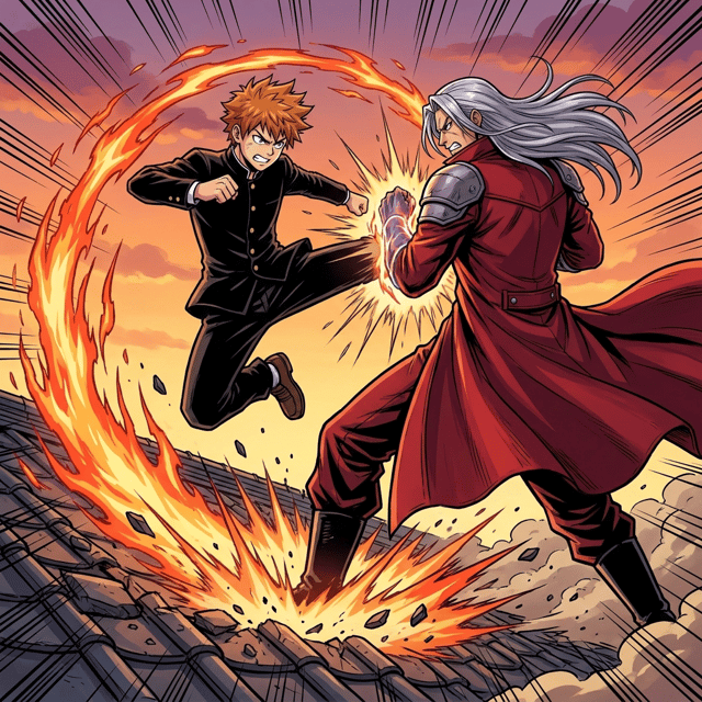 Shonen Jump-style AI comic panel 3 — color shonen battle-manga page: on a tiled rooftop at dusk a silver-haired rival in a crimson coat blocks the teen's flying kick with an armored fist, flames bursting from the impact, generated with Comicory's AI Shonen Jump Comic Generator