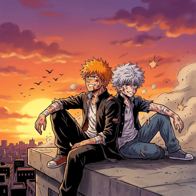 Shonen Jump-style AI comic panel 4 — color shonen battle-manga page: the bruised, bandaged teen and his silver-haired rival sit side by side on a rooftop ledge at sunset, grinning over the city, generated with Comicory's AI Shonen Jump Comic Generator