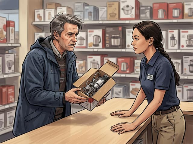 Customer service training comic panel — a store employee listens calmly to a customer holding a broken appliance, made with Comicory's corporate training comic maker