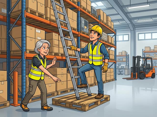 Workplace safety training comic panel — a supervisor stops a warehouse worker climbing a ladder set on a loose pallet, made with Comicory's corporate training comic maker