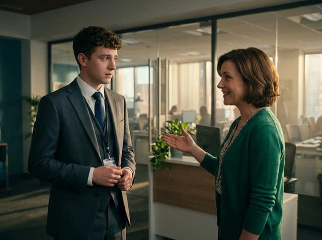Onboarding training comic panel — a manager welcomes a nervous new hire in an office lobby, made with Comicory's corporate training comic maker