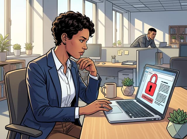 Security awareness training comic panel — an employee frowns at a suspicious email with a red padlock warning on her laptop, made with Comicory's corporate training comic maker