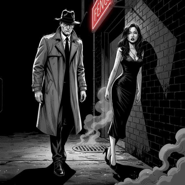 Noir (B&W)-style AI comic panel 1 — high-contrast black-and-white crime panel generated with Comicory's AI Noir Comic Generator