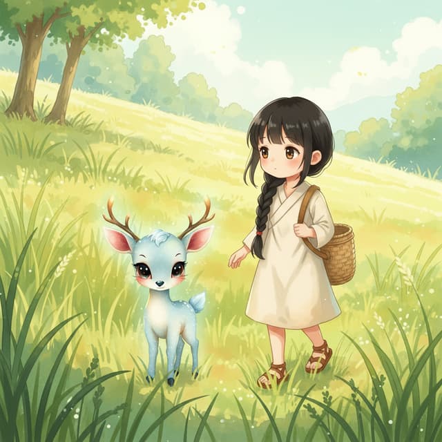 Soft Anime picture book illustration — a braided girl with a basket meets a pale-blue fawn in a sunny meadow, made with Comicory's AI storybook generator