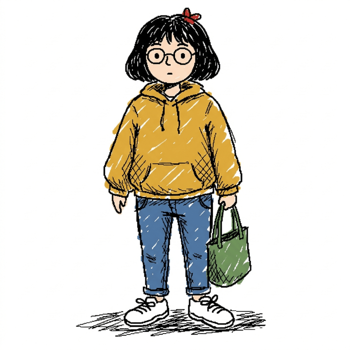 The same character drawn competently: a young woman with a black bob, red hair clip, round glasses, yellow hoodie, jeans and white sneakers, marker-sketch style