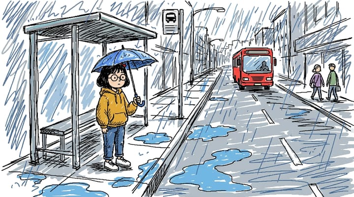 First attempt: an AI drawing of a woman at a rainy bus stop that is too competent — correct perspective, proper hands, a neat marker-sketch look