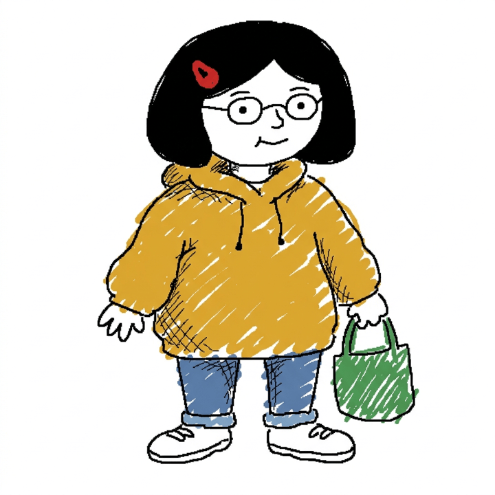 Badly drawn AI character reference of a young woman with a black bob, red hair clip, round glasses and an oversized yellow hoodie, MS Paint doodle style