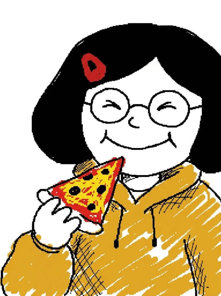 Close-up panel of the same badly drawn woman grinning with her eyes shut and holding up a slice of pizza
